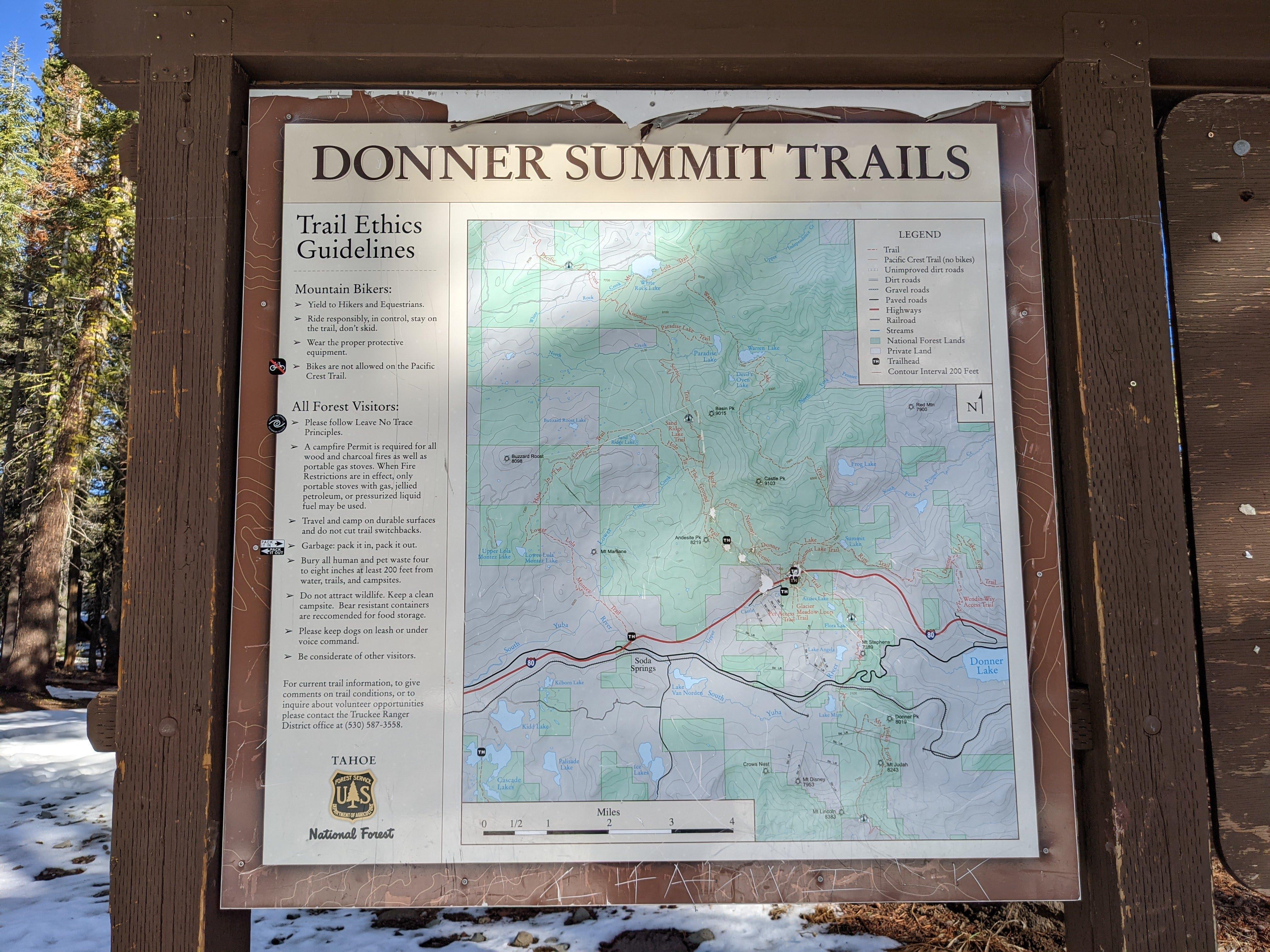 Donner Summit trails plaque near the trailhead. I’m heading to the Castle Peak