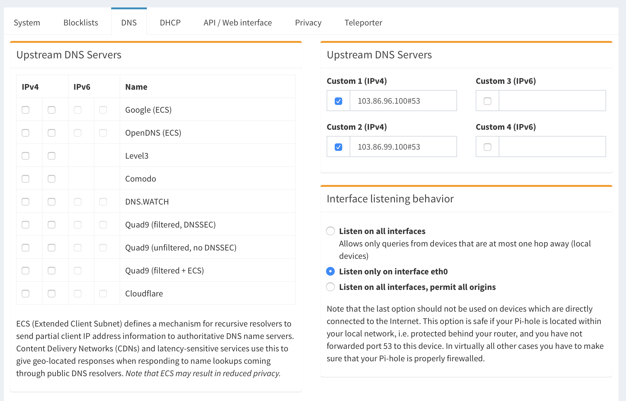 Pi-hole DNS settings
